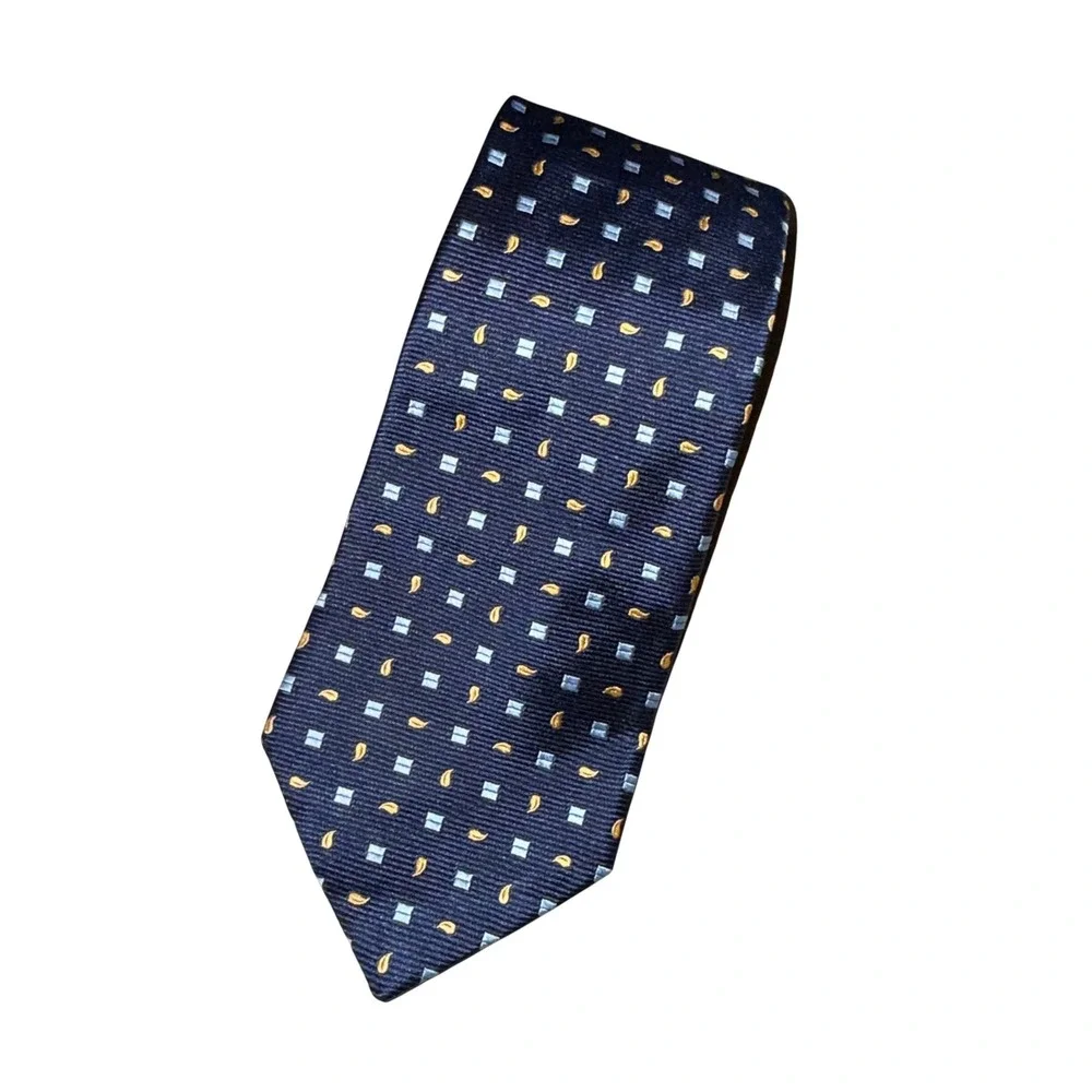 Tom James Royal Classic Tie OS Navy Blue Paisley Geometric Silk Blend‎ Necktie